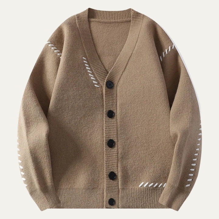V-Neck Button Cardigan with Contrast Stitch Detail