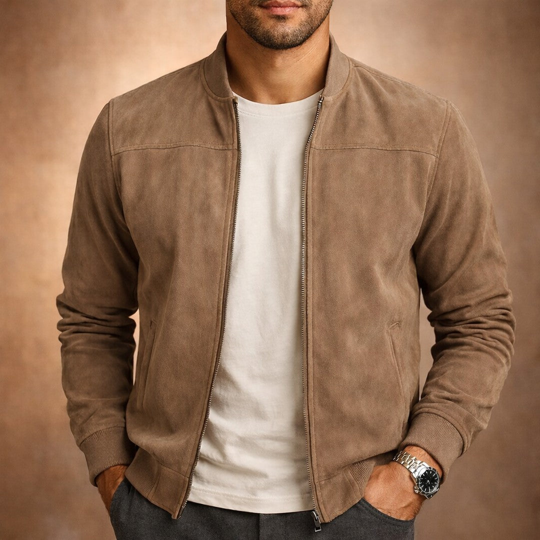Suede-Look Bomber Jacket - Beige