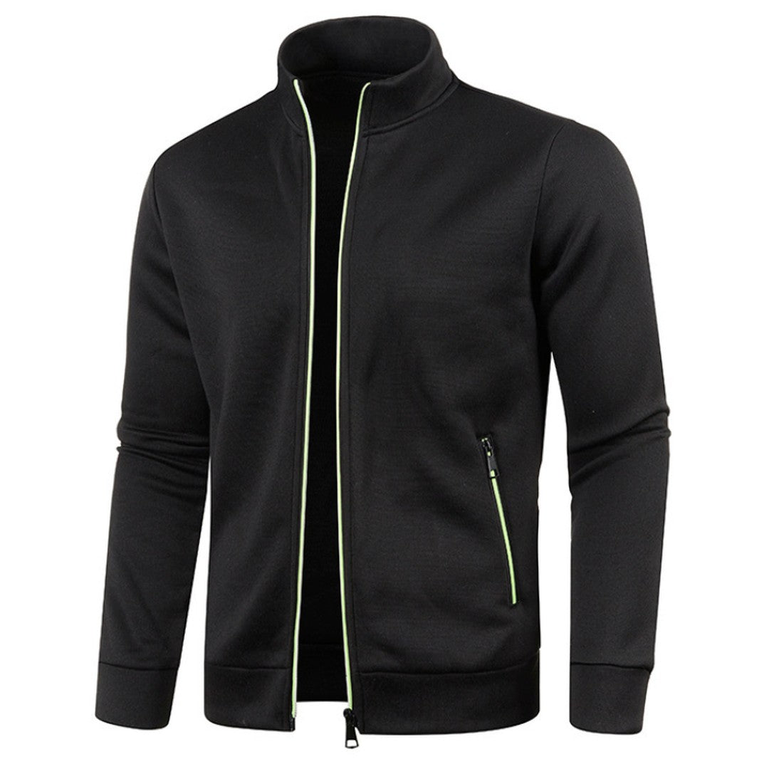 Contrast-Piped Stand Collar Zip Cardigan