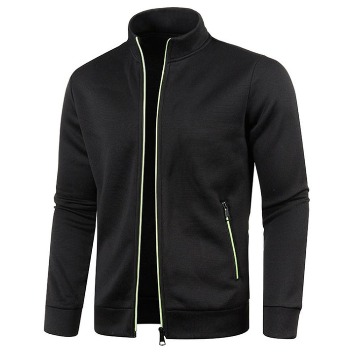 Contrast-Piped Stand Collar Zip Cardigan