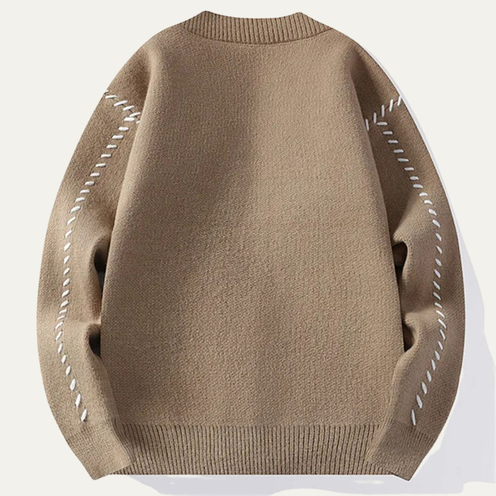 V-Neck Button Cardigan with Contrast Stitch Detail