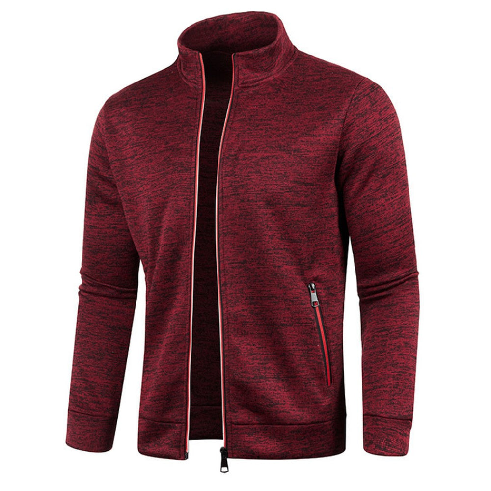 Contrast-Piped Stand Collar Zip Cardigan