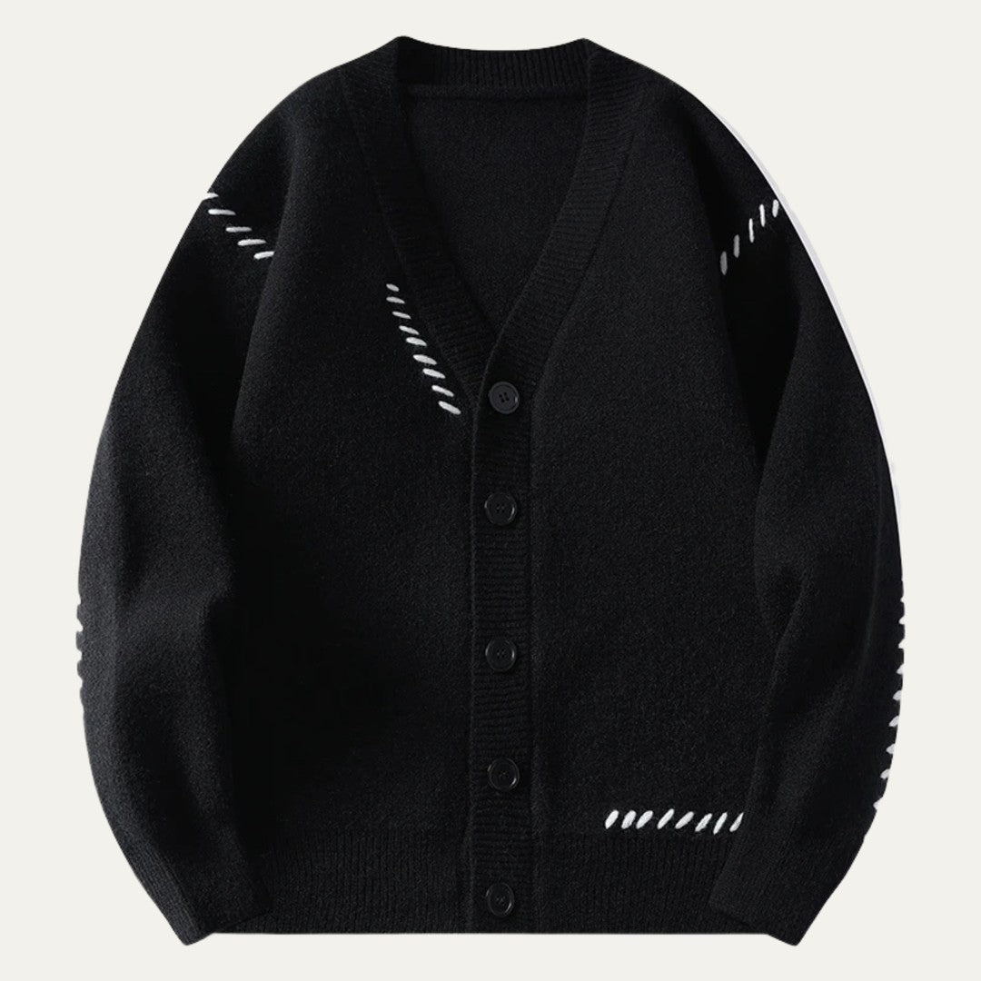 V-Neck Button Cardigan with Contrast Stitch Detail