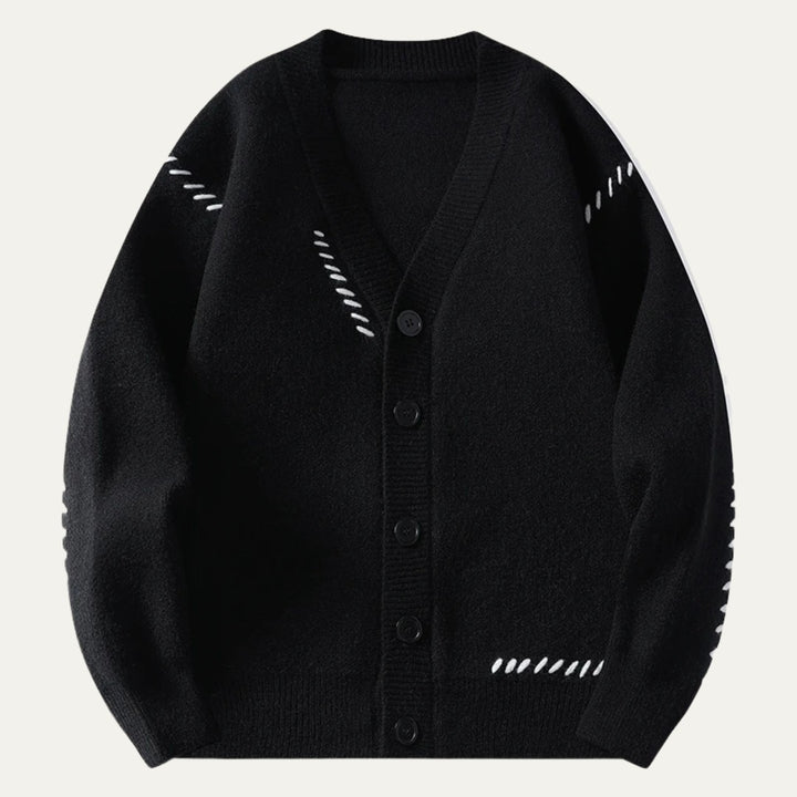 V-Neck Button Cardigan with Contrast Stitch Detail