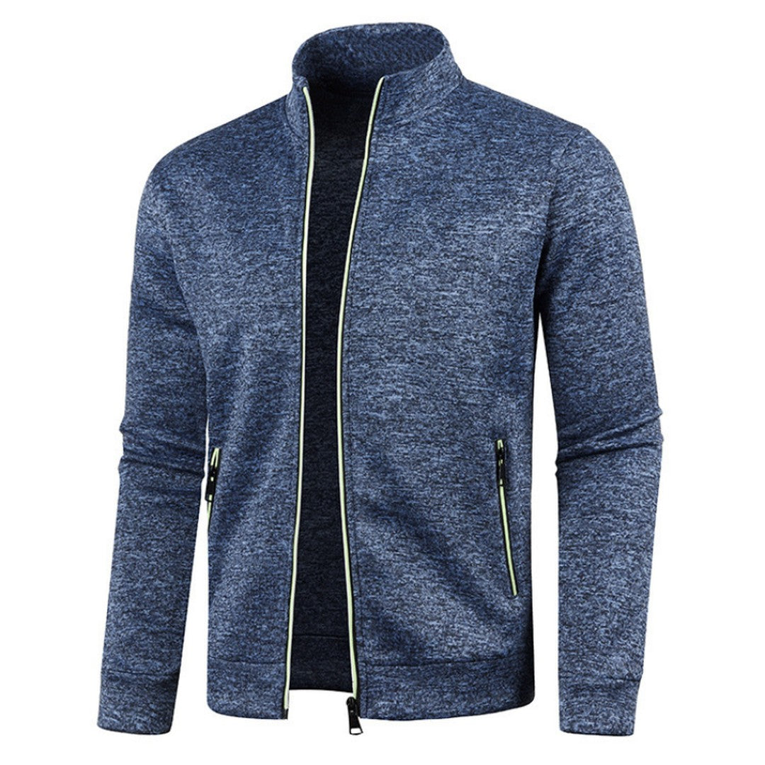 Contrast-Piped Stand Collar Zip Cardigan