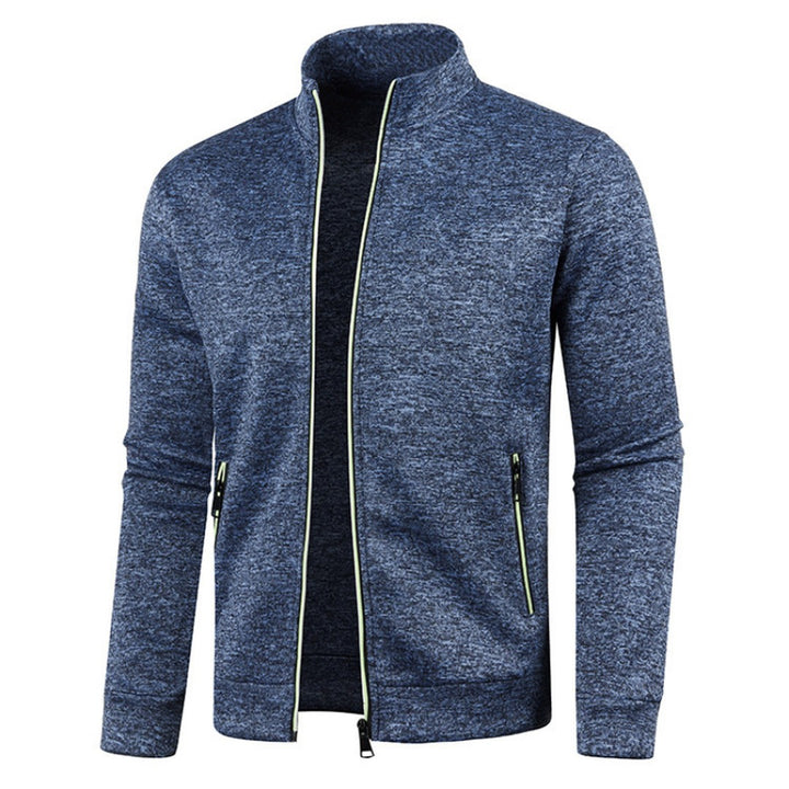 Contrast-Piped Stand Collar Zip Cardigan