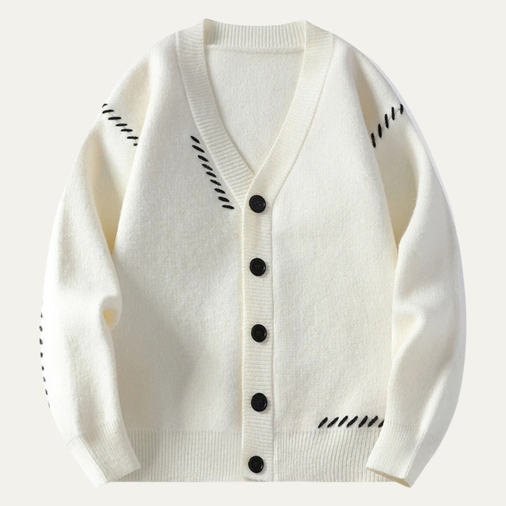 V-Neck Button Cardigan with Contrast Stitch Detail