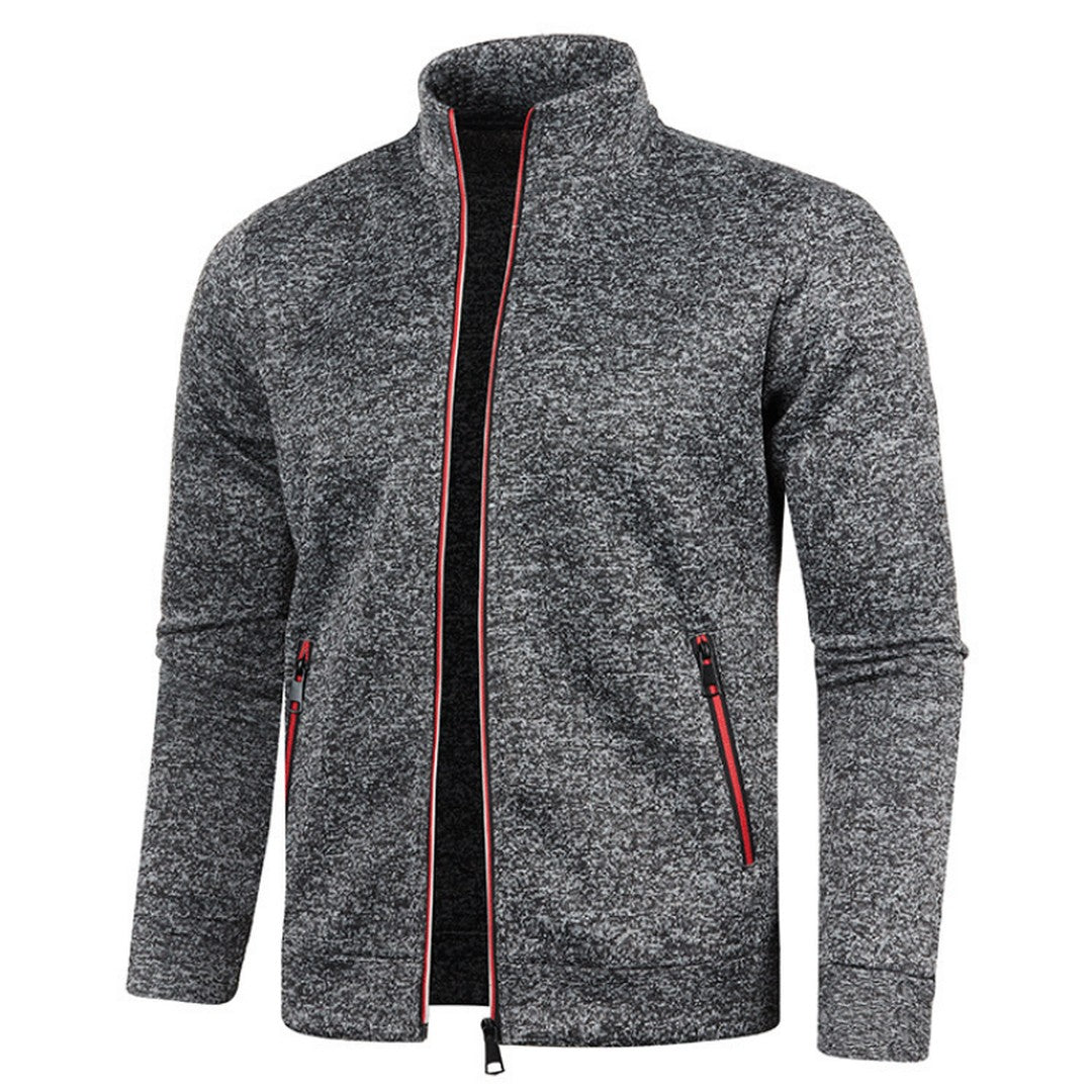 Contrast-Piped Stand Collar Zip Cardigan