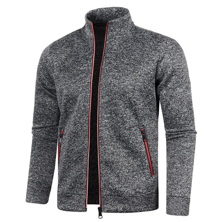 Contrast-Piped Stand Collar Zip Cardigan