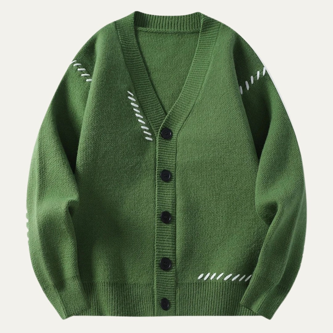 V-Neck Button Cardigan with Contrast Stitch Detail
