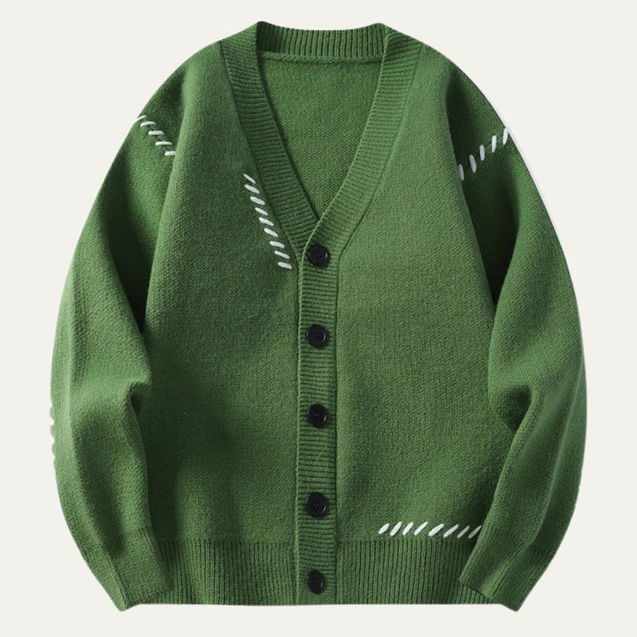 V-Neck Button Cardigan with Contrast Stitch Detail