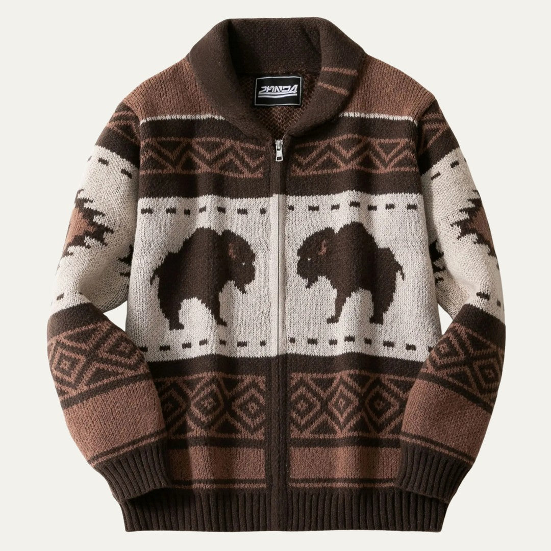 Buffalo Print Full-Zip Shawl Collar Cardigan