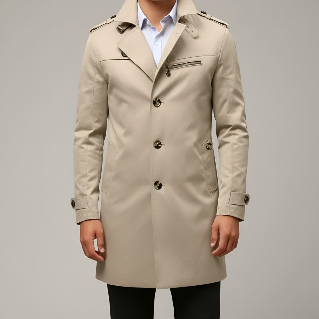 Elegant men's trench coat with belt and button closure