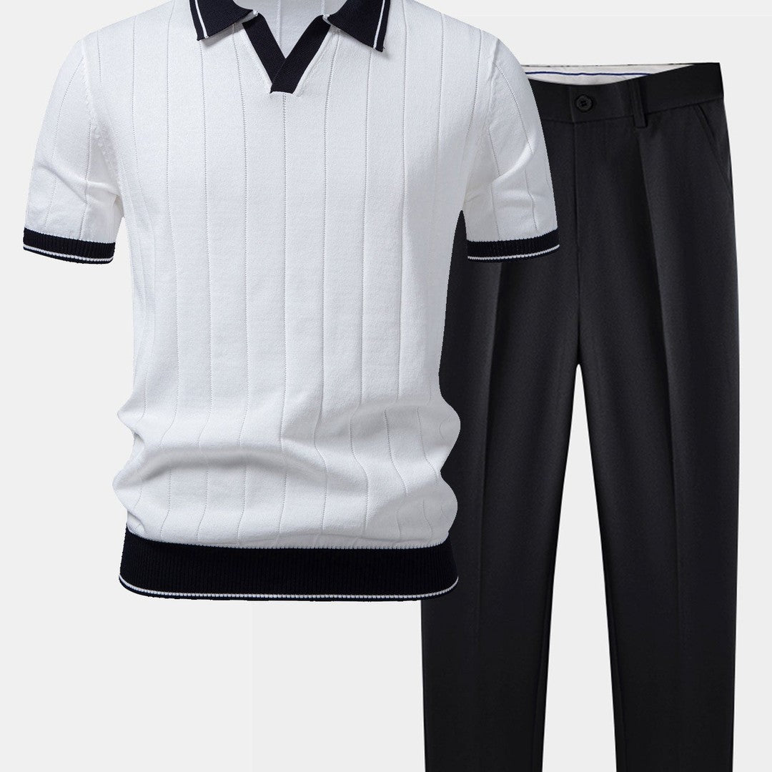 Knit Polo and Tapered Trousers Two-Piece Set - White