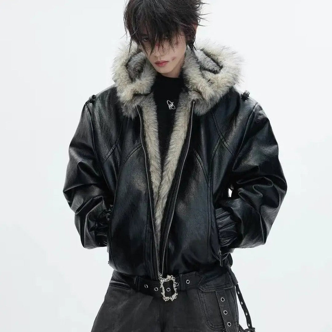 Sedgewick - Faux Leather Bomber Jacket Fur Trim Hood Buckled Hem