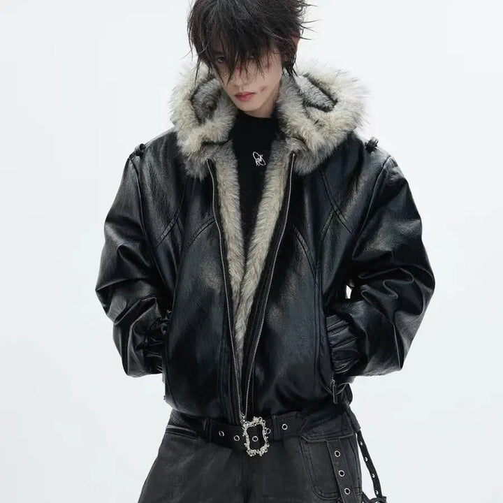 Sedgewick - Faux Leather Bomber Jacket Fur Trim Hood Buckled Hem