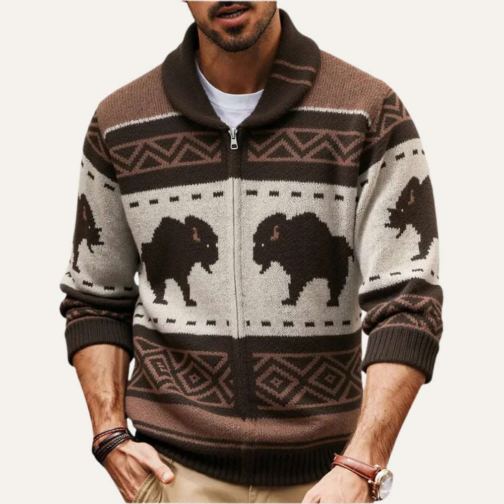 Buffalo Print Full-Zip Shawl Collar Cardigan