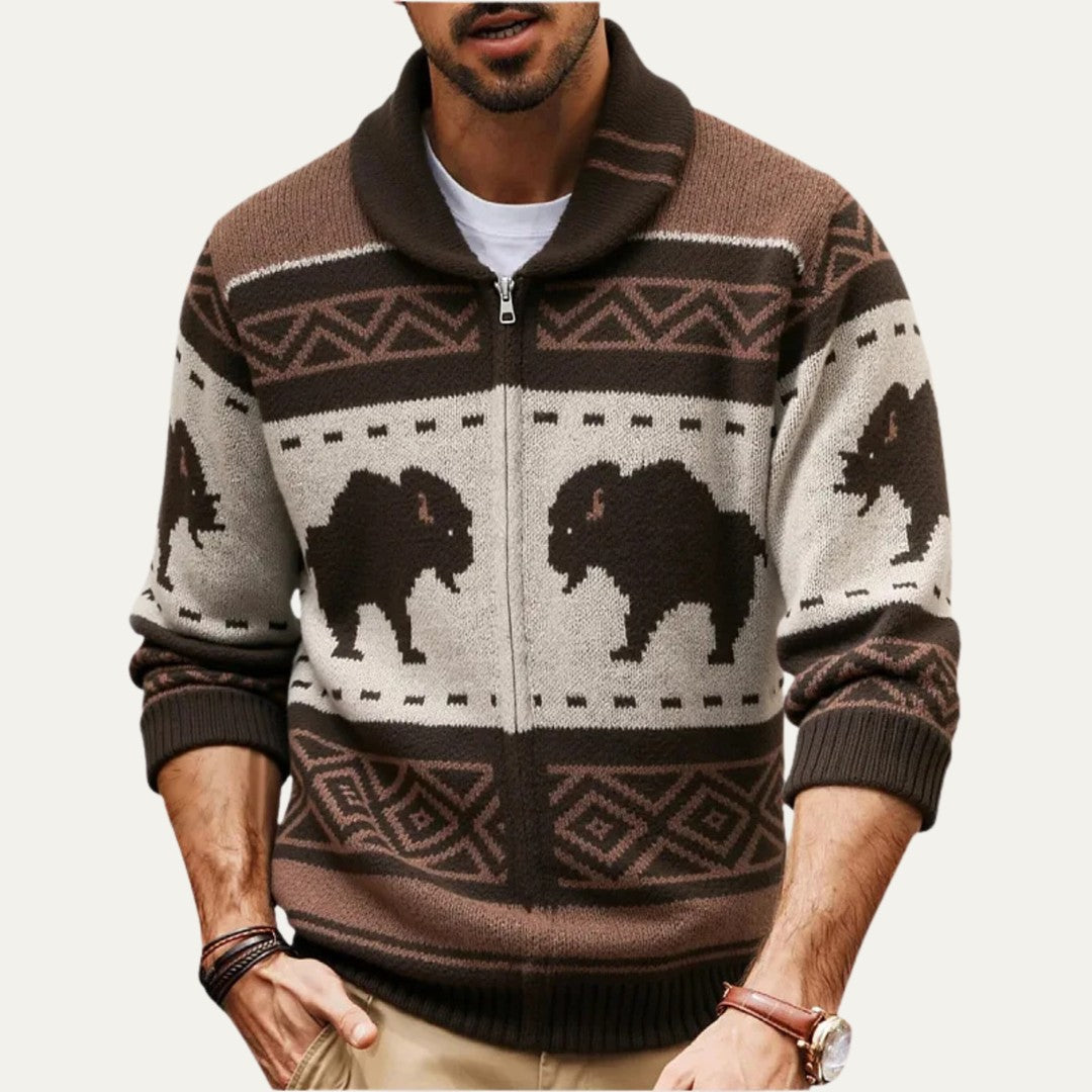 Buffalo Print Full-Zip Shawl Collar Cardigan
