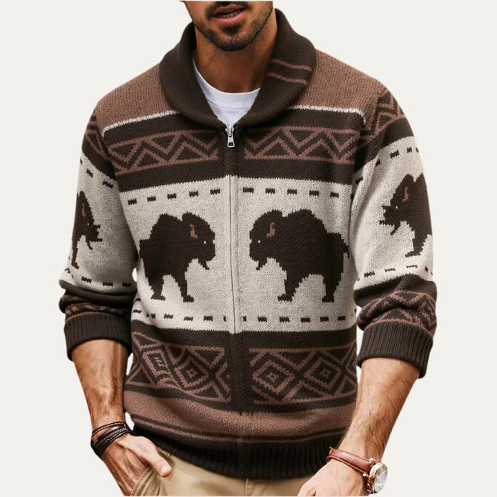 Buffalo Print Full-Zip Shawl Collar Cardigan