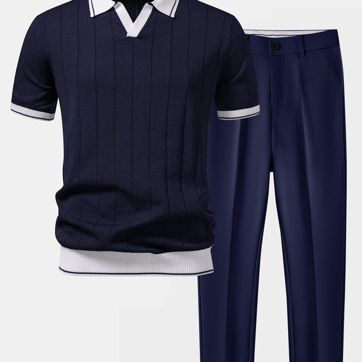 Knit Polo and Tapered Trousers Two-Piece Set - Navy Blue