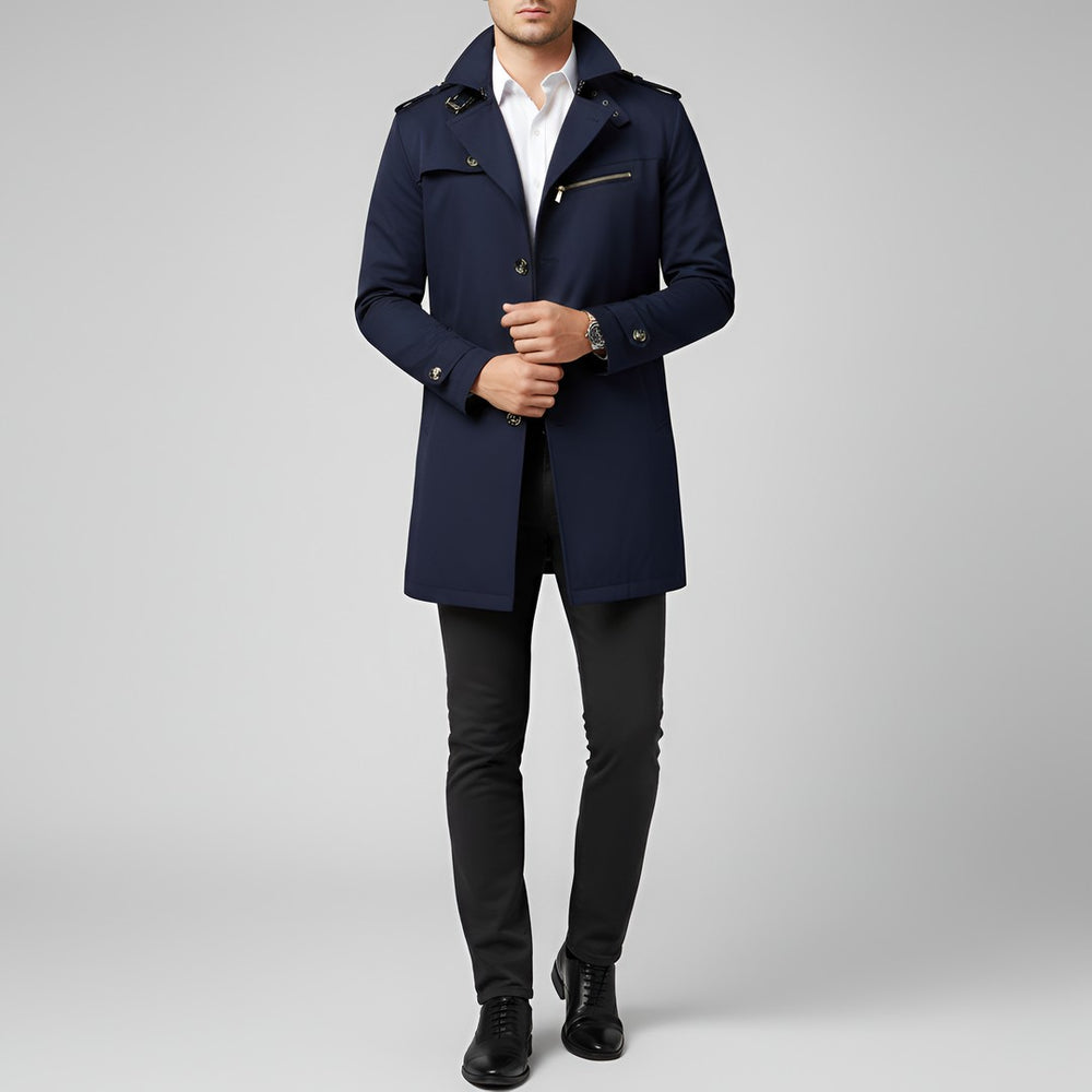 Elegant men's trench coat with belt and button closure