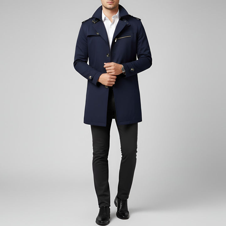 Elegant men's trench coat with belt and button closure