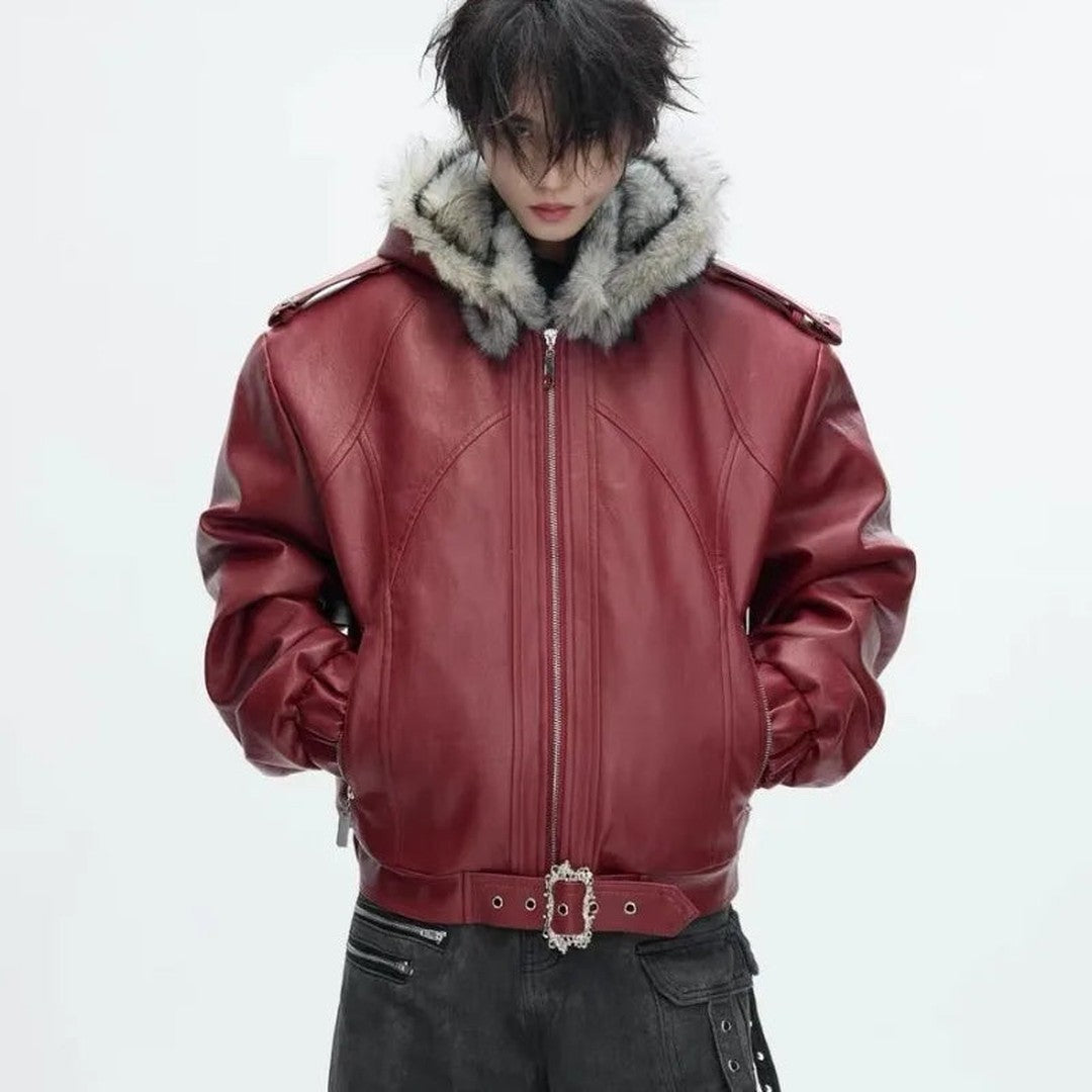 Sedgewick - Faux Leather Bomber Jacket Fur Trim Hood Buckled Hem