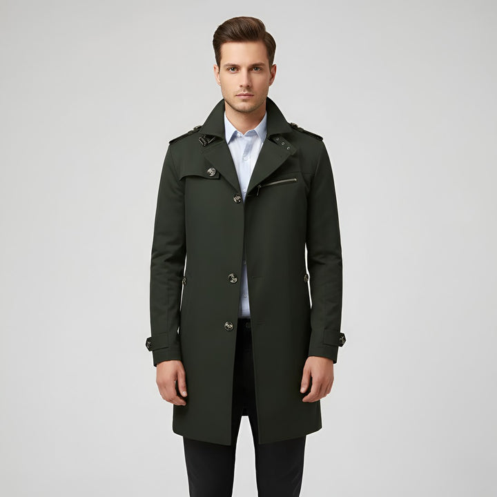 Elegant men's trench coat with belt and button closure
