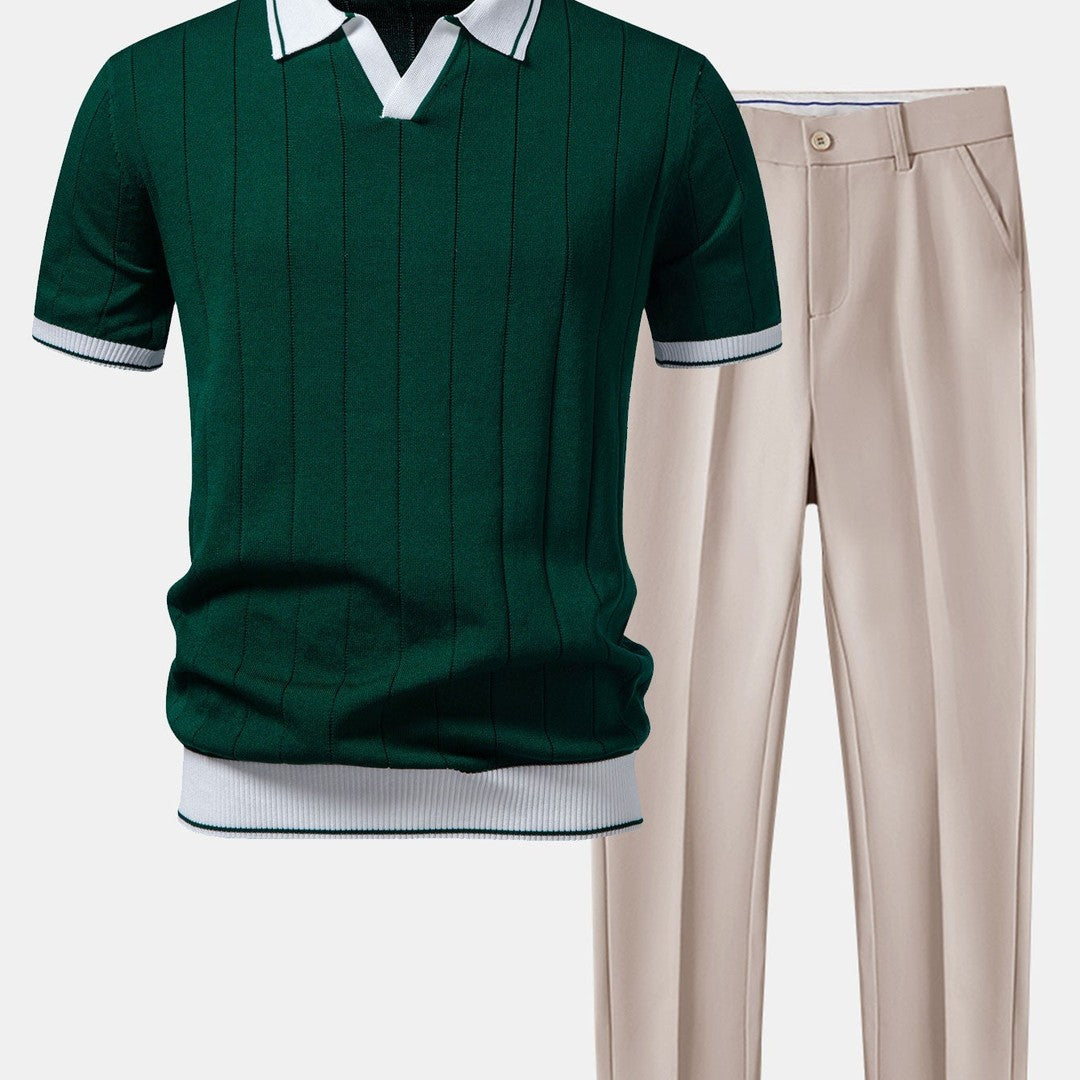 Knit Polo and Tapered Trousers Two-Piece Set - Green