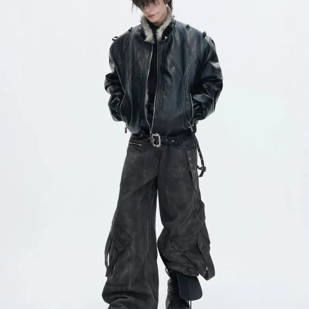 Sedgewick - Faux Leather Bomber Jacket Fur Trim Hood Buckled Hem