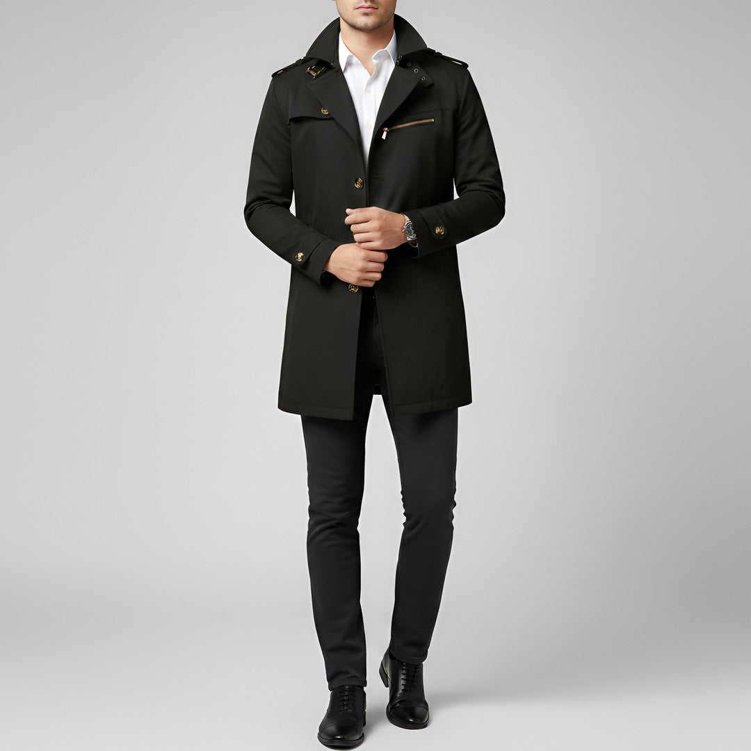 Elegant men's trench coat with belt and button closure
