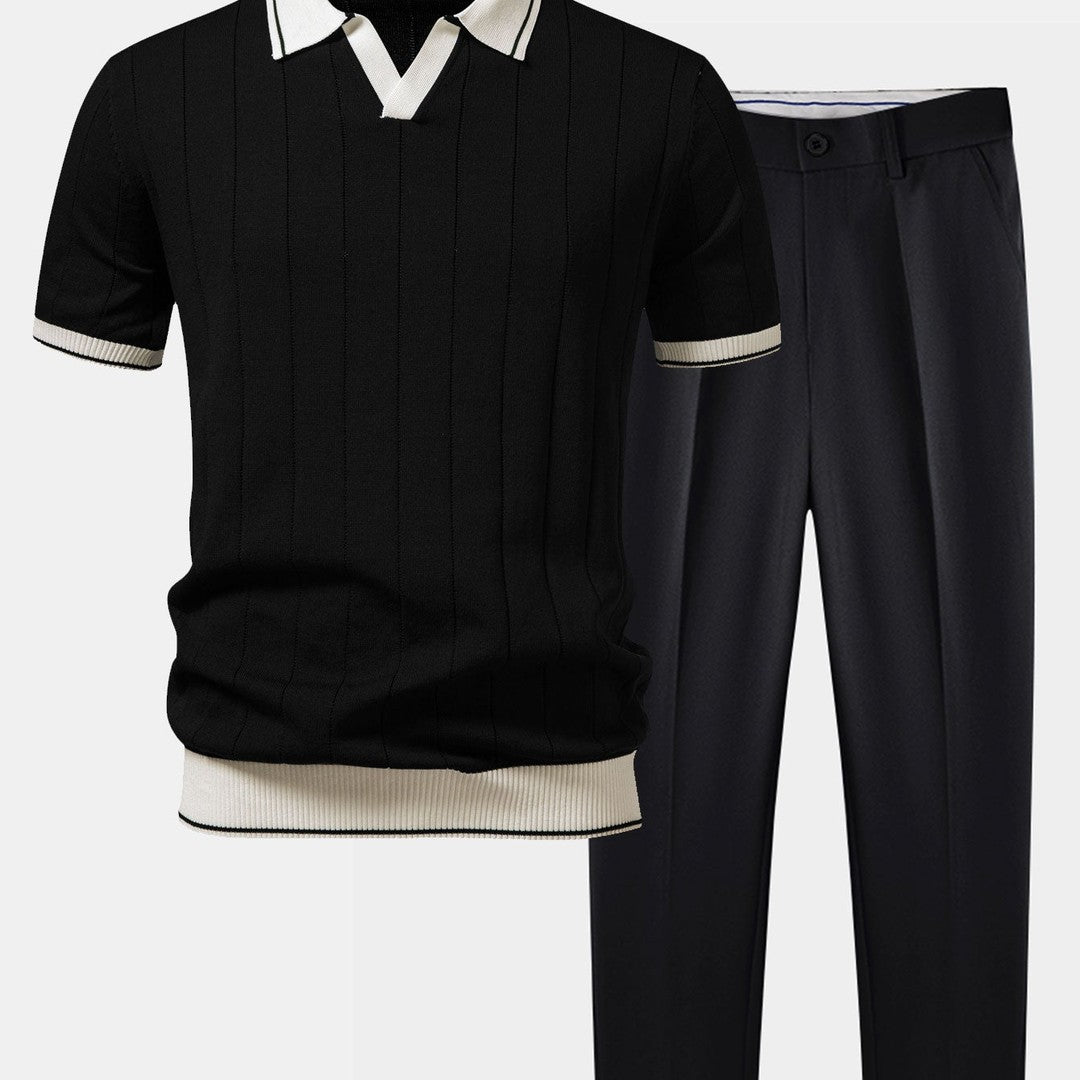 Knit Polo and Tapered Trousers Two-Piece Set - Black