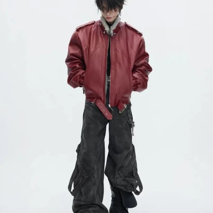 Sedgewick - Faux Leather Bomber Jacket Fur Trim Hood Buckled Hem