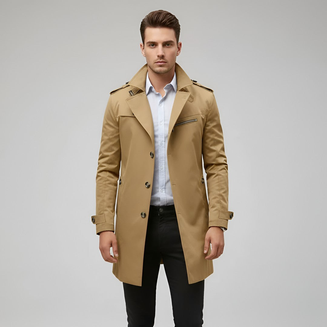 Elegant men's trench coat with belt and button closure
