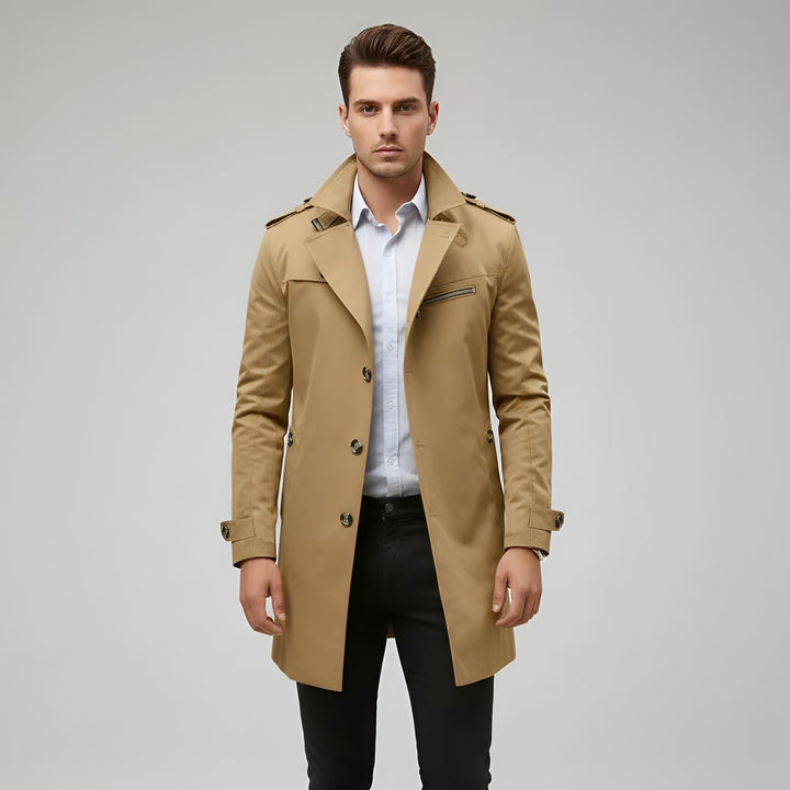 Elegant men's trench coat with belt and button closure
