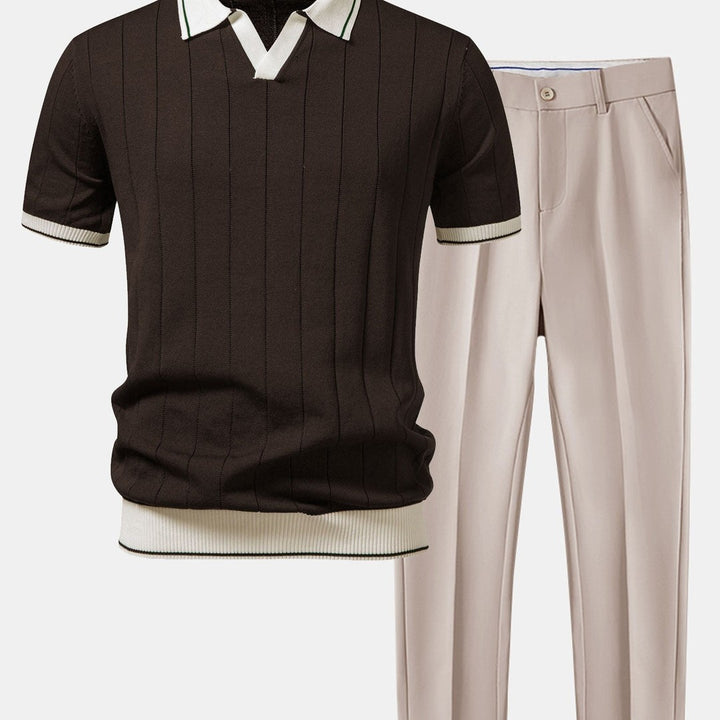 Knit Polo and Tapered Trousers Two-Piece Set - Brown