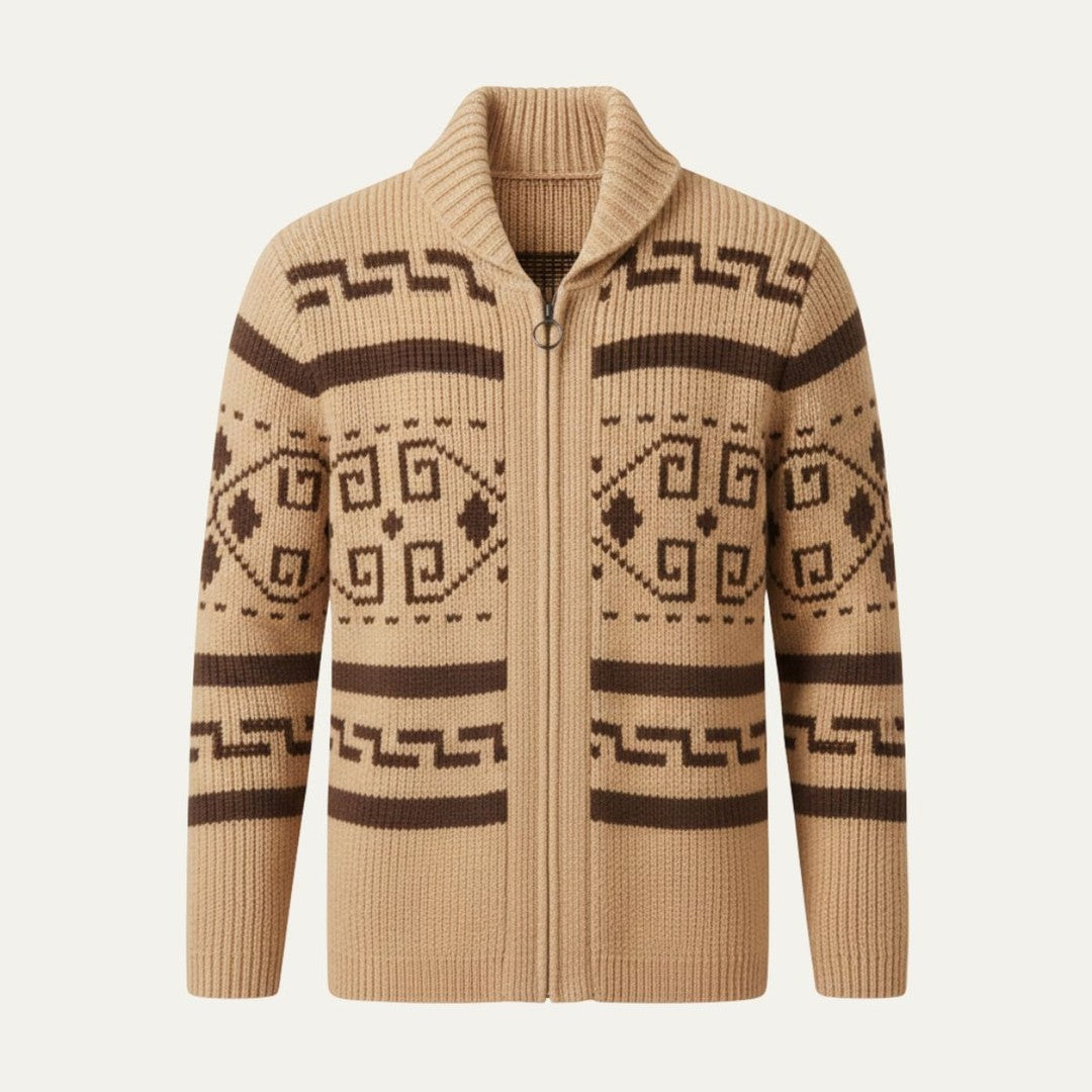 Geometric Pattern Zip Shawl Collar Cardigan