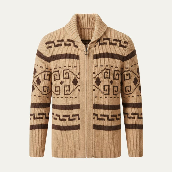 Geometric Pattern Zip Shawl Collar Cardigan