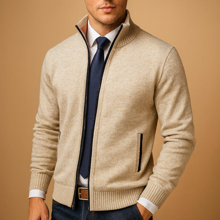 Zip-Up Knit Cardigan - Beige