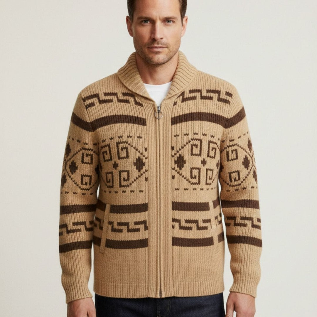 Geometric Pattern Zip Shawl Collar Cardigan