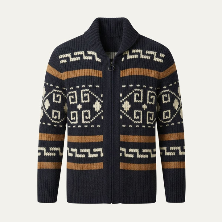 Geometric Pattern Zip Shawl Collar Cardigan