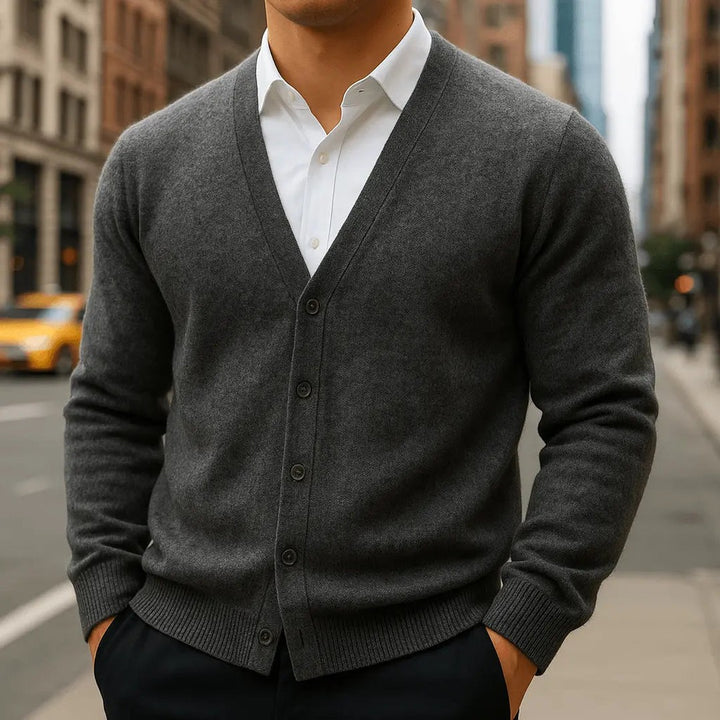 Brushed-Texture V-Neck Button Cardigan