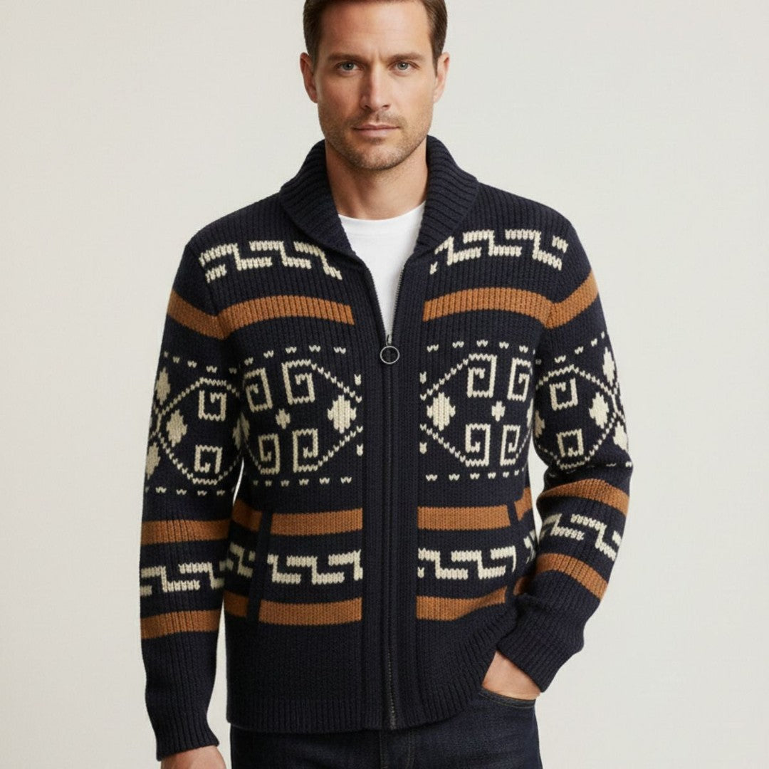 Geometric Pattern Zip Shawl Collar Cardigan