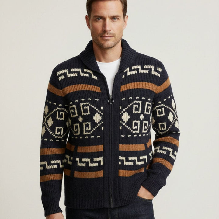 Geometric Pattern Zip Shawl Collar Cardigan
