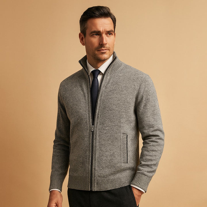 Zip-Up Knit Cardigan - Light Grey