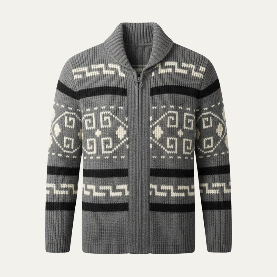 Geometric Pattern Zip Shawl Collar Cardigan