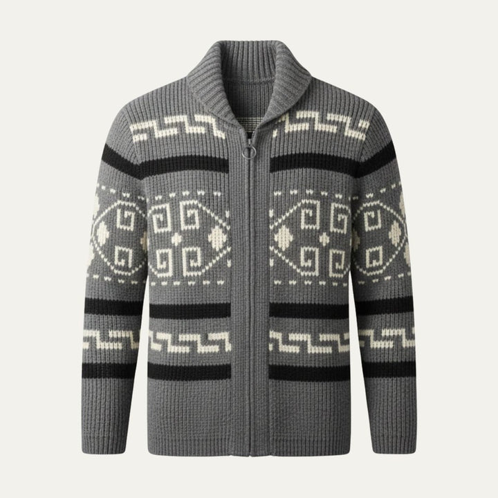 Geometric Pattern Zip Shawl Collar Cardigan