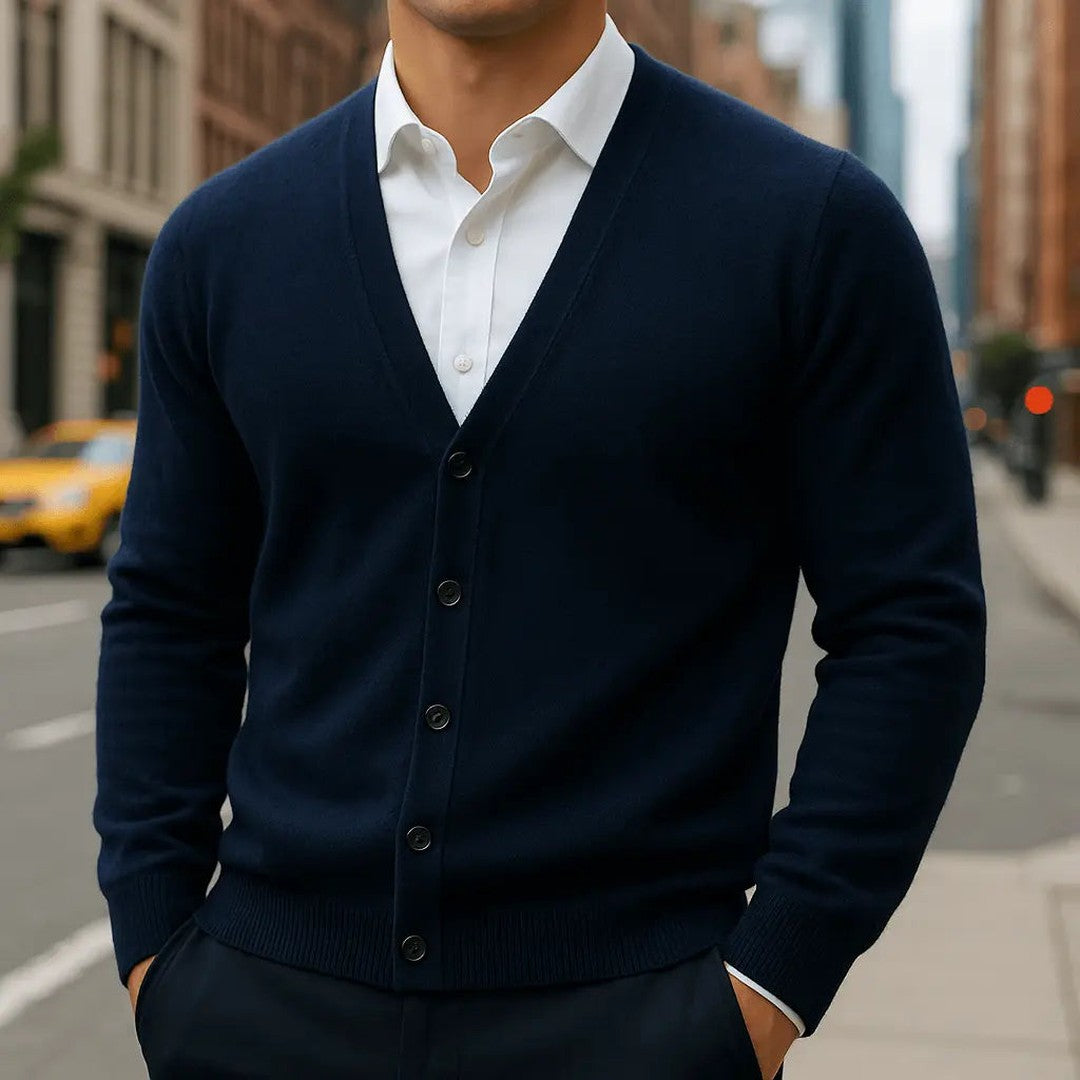 Brushed-Texture V-Neck Button Cardigan