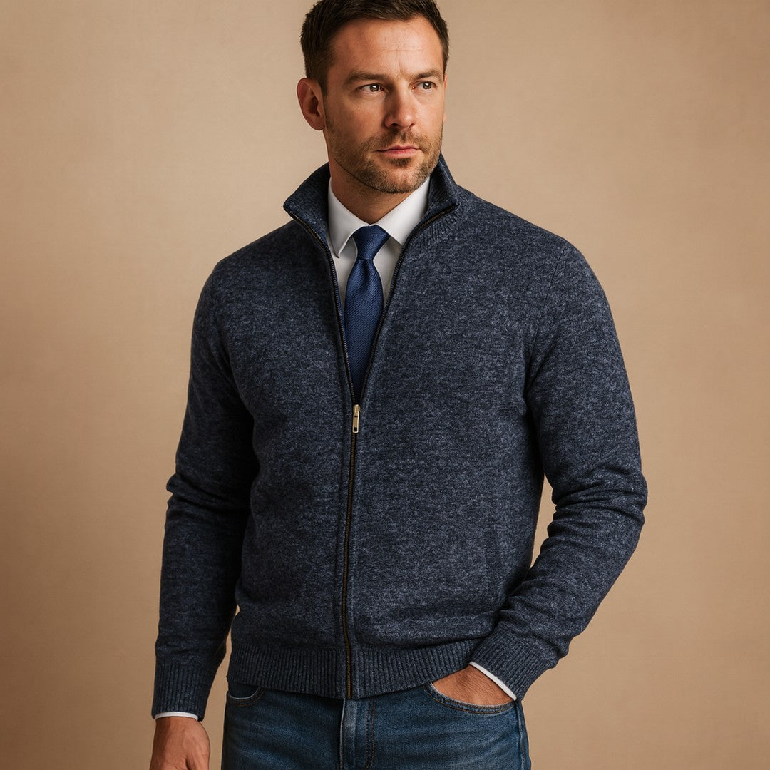 Zip-Up Knit Cardigan - Navy Blue