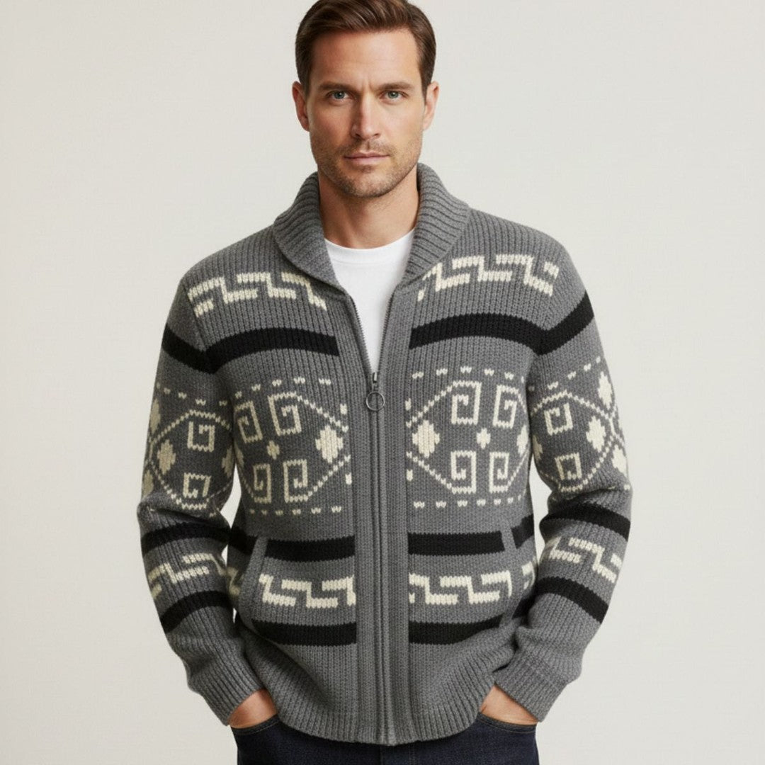 Geometric Pattern Zip Shawl Collar Cardigan